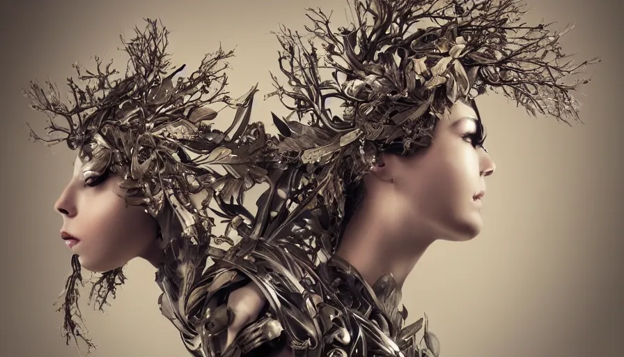 Prompt: portrait character design beautiful elegant porcelain cyborg warrior, beautiful huge eyes, metallic intricate herbacious headdress branches leaves and roots, fine details, elegant, volumetric lighting, natural soft rim light, octane rendered