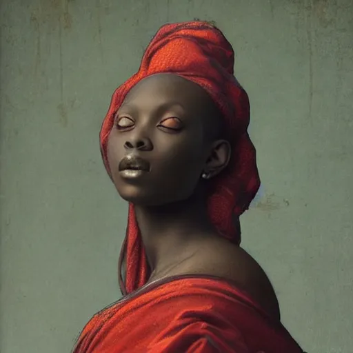 Image similar to a painting of a beautiful African woman by Leonardo da Vinci . dramatic angle, ethereal lights, details, smooth, sharp focus, illustration, realistic, cinematic, artstation, award winning, rgb , unreal engine, octane render, cinematic light, macro, depth of field, blur, red light and clouds from the back, highly detailed epic cinematic concept art CG render made in Maya, Blender and Photoshop, octane render, excellent composition, dynamic dramatic cinematic lighting, aesthetic, very inspirational, arthouse.