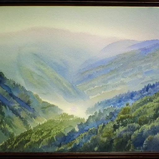 Prompt: a beautiful watercolor painting an epic appalachian wilderness at dawn, godrays, mystical, deep shadows, epic scale