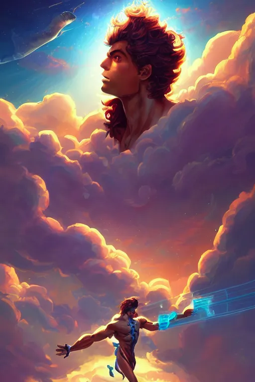 Image similar to highly detailed, dynamic pose, the handsome greek god hermes, wearing winged helmet, giving a glowing laptop computer to humanity, clouds of glowing binary code, digital painting bioluminance alena aenami artworks in 4 k design by lois van baarle by sung choi by john kirby artgerm style pascal blanche and magali villeneuve