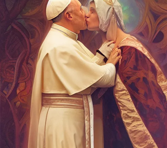 Image similar to photography of a pope kissing the breast of a sensual woman, deep focus, intricate, elegant, highly detailed, digital painting, artstation, concept art, matte, sharp focus, illustration, art by artgerm and greg rutkowski and alphonse mucha