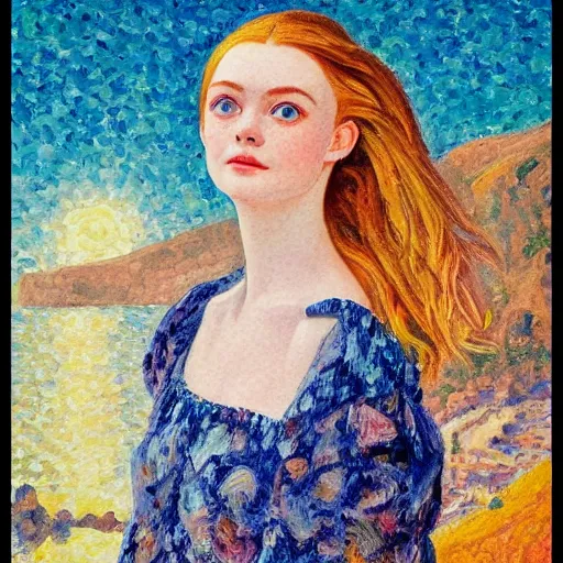 Prompt: professional painting of Elle Fanning in Santorini in the style of Henri-Edmond Cross, head and shoulders portrait, symmetrical facial features, smooth, sharp focus, illustration, intricate, stormy weather, extremely detailed masterpiece,