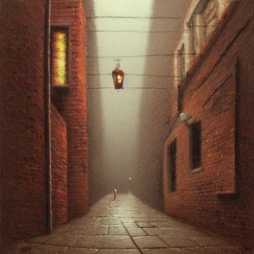 Prompt: strange alleyway, rainy night by Shaun Tan