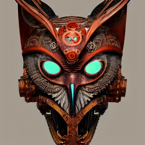 Prompt: steampunk tribal mask, owl, japanese pottery, vivid colors, wood, metal, intricate details, trending on cgsociety, concept art, glowing eyes, sharp focus, ultra realistic details, cinematic atmosphere, global illumination, shadows