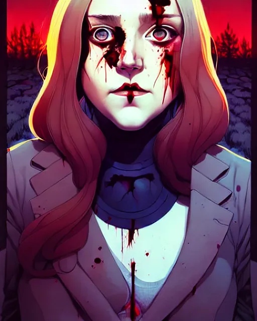 Prompt: artgerm, joshua middleton comic cover art, pretty serial killer maika monroe full body, creepy smiling, covered in blood, symmetrical eyes, symmetrical face, long curly brown hair, standing in front of an abandoned house background