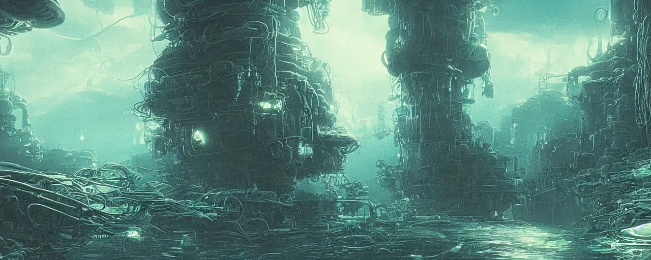 Image similar to ” underwater otherwordly landscape, [ cables, pods, deepsea, cinematic, detailed, epic, widescreen, opening, establishing, mattepainting, photorealistic, realistic textures, octane render, art by slop and paul lehr ] ”