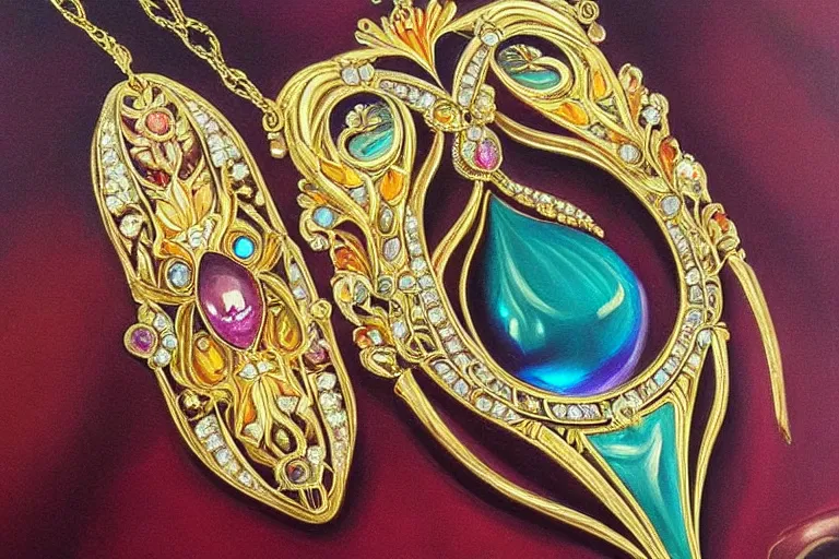 Image similar to highly detailed oil painting, very realistic gemstones, art nouveau, ornate, delicate, brilliant precious gemstones necklace, dramatic light,