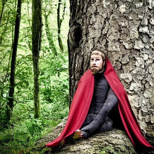 Image similar to lizard human nomad resting against a tree wearing a medieval cloak, photograph captured in the woods