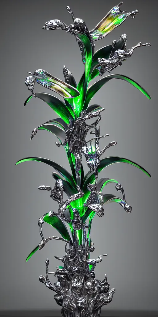 Image similar to 3 d photographic render of an orchid sculpture, bioluminescent chrometype, made of liquid metal, neotribal with thorns and thunders, cyberpunk, raytracing, hyper realistic, volumetric lightning, 8 k, by zhelong xu and ouchh studio