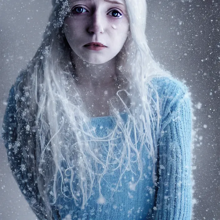 Prompt: a sickly looking young woman dying of hypothermia, with very white skin and pale blue hair wearing a long highneck dress made out of snowflakes in the middle of a heavy snowstorm. pale light blue lips. full body digital portrait by maromi sagi