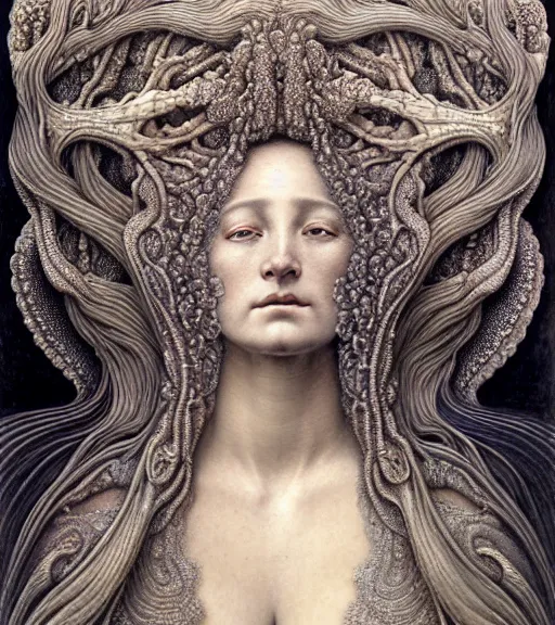 Image similar to detailed realistic beautiful crystal goddess face portrait by jean delville, gustave dore, iris van herpen and marco mazzoni, art forms of nature by ernst haeckel, art nouveau, symbolist, visionary, gothic, neo - gothic, pre - raphaelite, fractal lace, intricate alien botanicals, biodiversity, surreality, hyperdetailed ultrasharp octane render