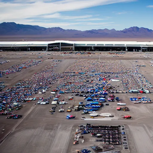 Prompt: edc at area 5 1. the main stage is located in a large aircraft hanger. shot on a sony a 7