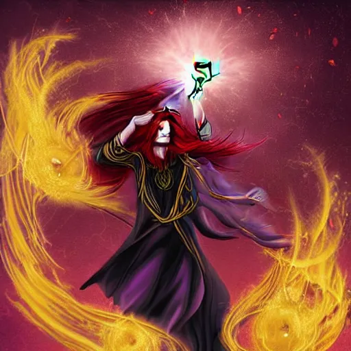 Image similar to The celestial warlock (a beautiful half elf with long red hair) clumsily knocks a single red rose from the top of a funerary urn, releasing an angry wraith from inside. The urn is on the floor, the rose is falling. Dramatic digital art illustration in comic book style by Simon Bisley