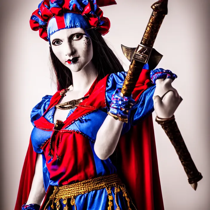 Prompt: full body photograph ofa real - life very beautiful female jester warrior. extremely detailed. dslr. 8 5 mm.