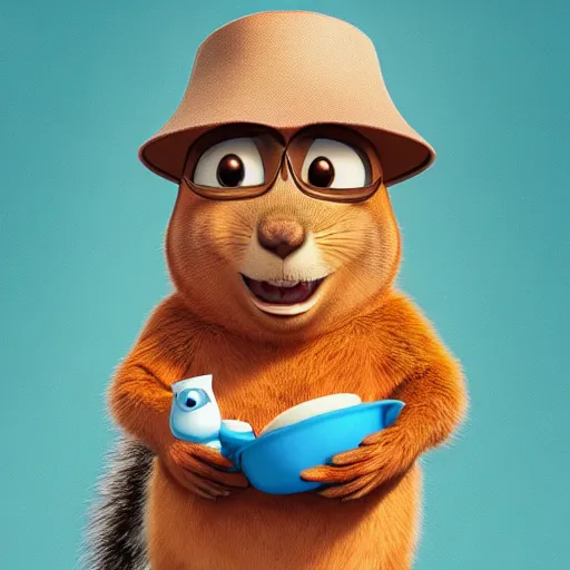 Image similar to a squirrel wearing a bucket hat. pixar.