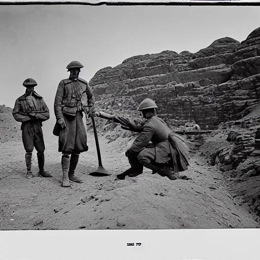 Image similar to ultra detailed photorealistic sepia - toned photograph from 1 9 1 7, three british soldiers standing at an archaeological dig site in wadi rum, ultra realistic, painted, intricate details, lovecraft, atmospheric, dark, horror, brooding, highly detailed, by clyde caldwell