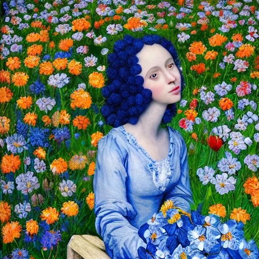 Prompt: a woman in a blue and white dress sitting in a garden of blue flowers, a photorealistic painting by hubert van eyck, featured on cg society, art photography, made of flowers, whimsical, detailed painting