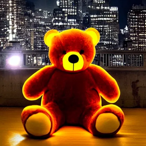 Prompt: a giant evil teddy bear with glowing red eyes hovering over new york city