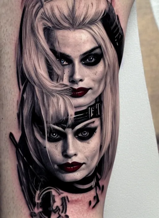 Image similar to tattoo design of margot robbie as harley quinn with a little smile, holding ace card, in the style of den yakovlev, realistic face, beautiful face, black and white, realism tattoo, hyper realistic, highly detailed