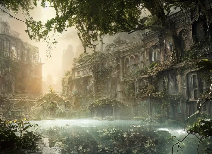 Image similar to abandoned city on overgrown forest, fantasy, ornate, hyper realism, wet reflections, intricate, realistic, digital art, detailed, studio shot, unreal engine 5, octane, high definition, smooth, artstation, behance