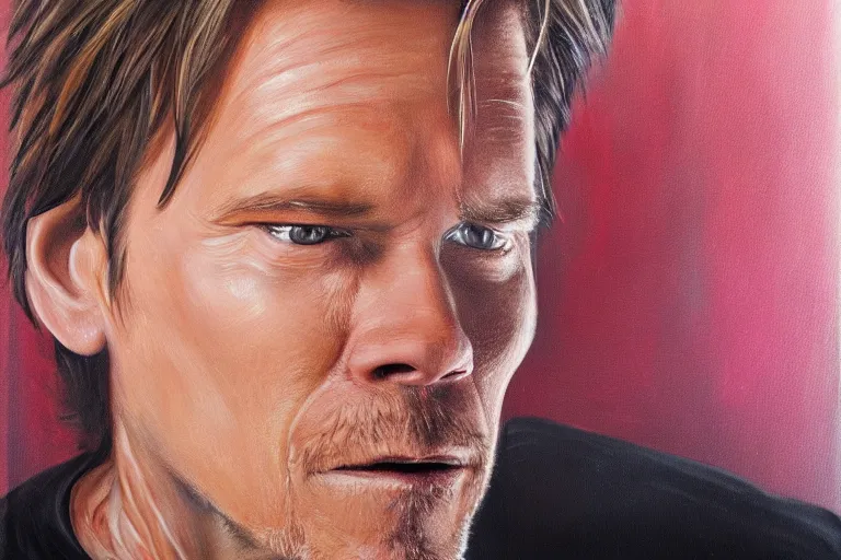 Image similar to an ultra realistic painting of kevin bacon, bacon wrapped around his face, 8 k, cinematic, movie still