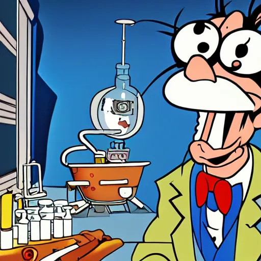 Prompt: a mad scientist ’ s laboratory in the style of looney tunes