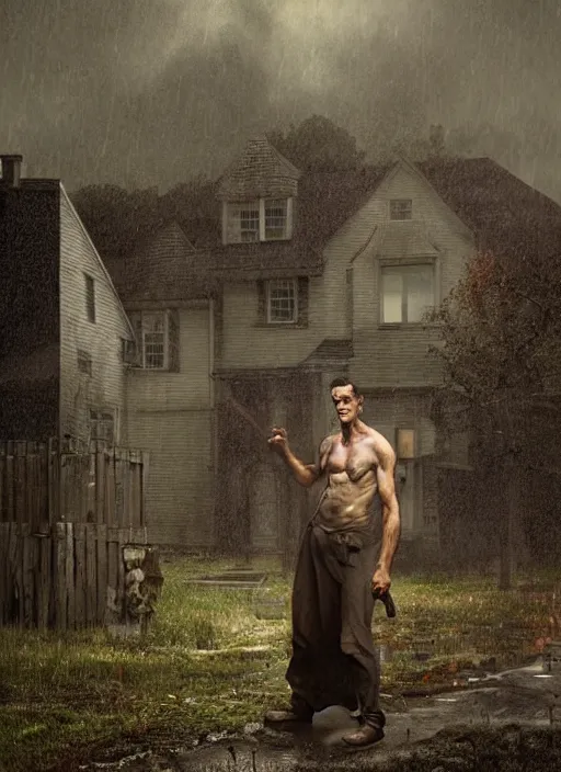 Image similar to frankenstein standing in front of a house on a rainy day, a digital rendering by gregory crewdson, trending on cgsociety, american scene painting, ominous vibe, matte drawing, atmospheric