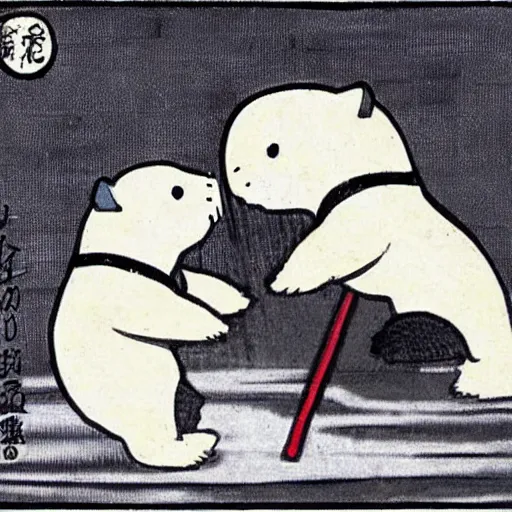 Prompt: two baby harp seal dressed as samurai, defeating a Japanese dragon, 19th century Japan, anime style