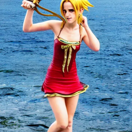 Image similar to a full body photo of emma watson as nami from one piece holding a trident in one hand, award winning photography, 50 mm, perfect faces.