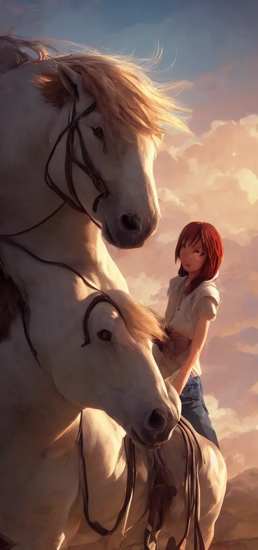 Image similar to southern ginger woman in ripped overalls riding a horse with a white mane, airbrushed, hazy, gentle, soft lighting, wojtek fus, by makoto shinkai and ilya kuvshinov,