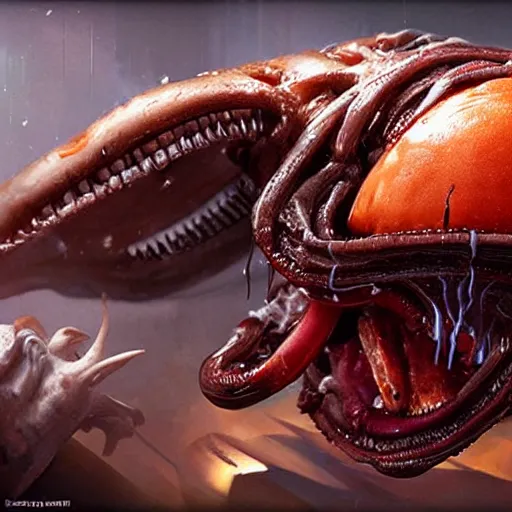 Image similar to hyper realistic hamburger as a xenomorph, painted by greg rutkowski, unreal engine,