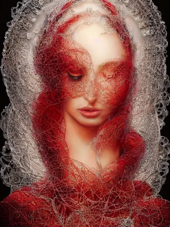 Image similar to a beautiful portrait render of two red veiled queen with symmetry intricate detailed ,heart,love,crystal-embellished,by Daveed Benito,LEdmund Leighton,peter gric,aaron horkey,Billelis,trending on pinterest,rococo,hyperreal,gold,silver,ivory,maximalist,glittering,golden ratio,cinematic lighting