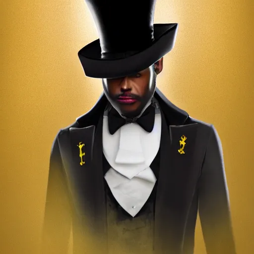 Image similar to a highly detailed portrait of a man in a high top hat covering his face, in a black tailcoat with a yellow waistcoat under the tailcoat, artstation, deviantart, professional, unreal engine 5, photorealistic