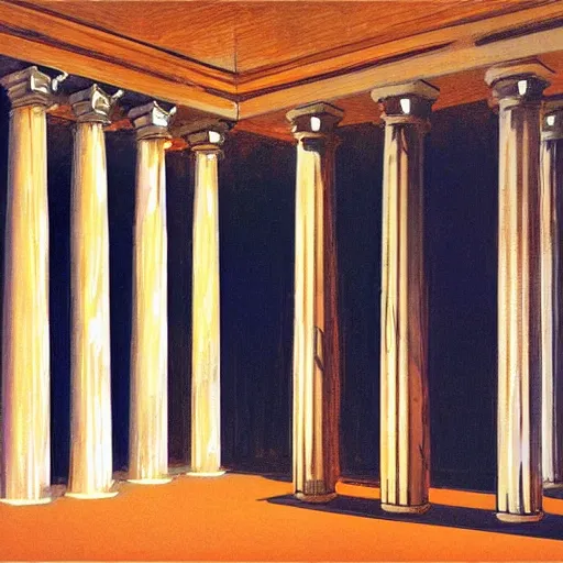 Image similar to painting of a scifi ancient civilzation victorian empty room with pillars, bob peak, alex ross