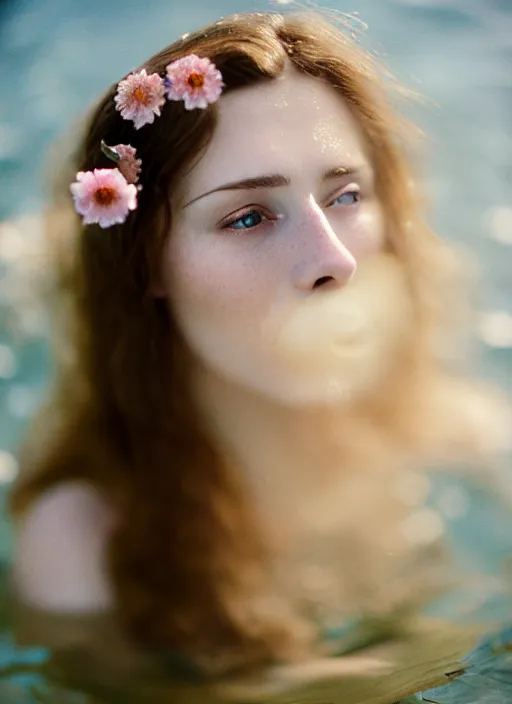 Prompt: Kodak Portra 400, 8K, soft light, volumetric lighting, highly detailed, britt marling style 3/4, portrait photography of a beautiful woman how pre-Raphaelites, half face in the water, nose eyes and mouth out of the water ,a beautiful lace dress and hair are intricate with highly detailed realistic beautiful flowers , Realistic, Refined, Highly Detailed, natural outdoor soft pastel lighting colors scheme, outdoor fine art photography, Hyper realistic, photo realistic