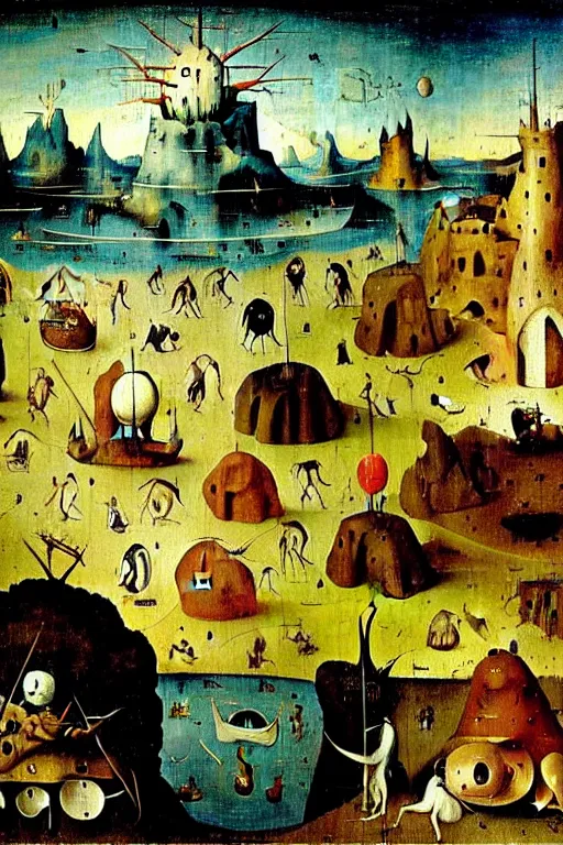 Image similar to a beautiful landscape with weird creatures by hieronymus bosch and dali