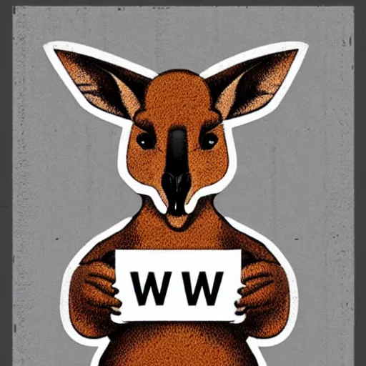 Image similar to a kangaroo holding a sign made out of steel with the word the letters'w ','e ','l ','c ','o ','m ','e'carved on it, digital art