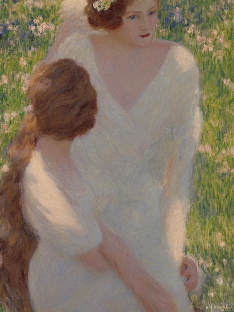 Image similar to portrait of < zelda fitzgerald > as a beautiful young lady wearing 1 9 2 0 s fashion, blurry face, brown hair, slim, fair, severe out of focus, depth of field, pleinairism, in the sun, backlit, closeup, oil on canvas, atr by monet, in the style of le promenade, smooth, impressionnisme, 8 k