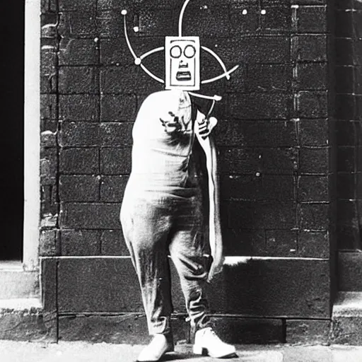 Prompt: A street art. A rip in spacetime. Did this device in his hand open a portal to another dimension or reality?! Hex color code #FFFFFF by Claude Cahun ornamented