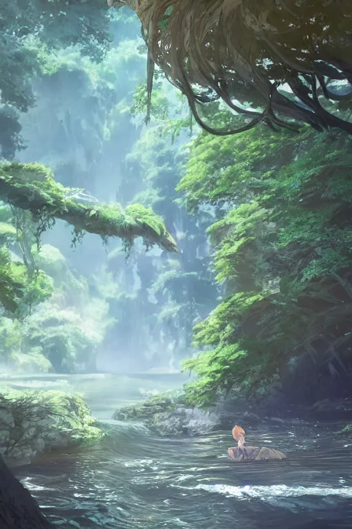 Image similar to beautiful river flowing through a giant ancient tree, serene evening atmosphere, soft lens, soft light, cel - shading, animation, in the style of cgsociety, deviantart, artstation, zbrush, cinema 4 d, studio ghibli, akihiko yoshida, atelier lulua, masamune shirow