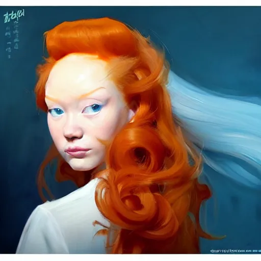 Image similar to greg manchess portrait painting of ginger girl!!! long curly hair!! evil, sad! with a ginger cat as overwatch character, medium shot, asymmetrical, profile picture, organic painting, sunny day, matte painting, bold shapes, hard edges, street art, trending on artstation, by huang guangjian and gil elvgren and sachin teng