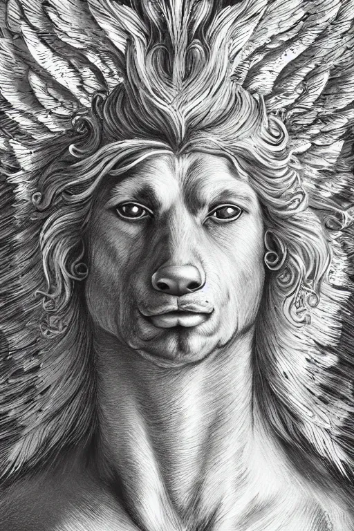 Image similar to a dog as god with a radiant halo and wings, detailed face, gorgeous, flowing hair, very muscular male body, partial anatomy, stormy and grand war scene, delicate and intricate borders for decoration, caesar victorious, proud Emperor, split lighting, intricate, highly detailed, 8K, digital painting, fantasy, concept art, sharp focus, close-up, art by greg rutkowski beeple and alphonse mucha