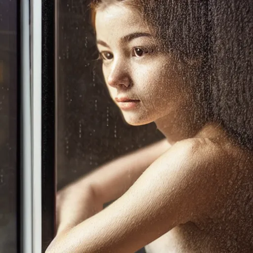 Prompt: girl sitting nearby a windowing, rainy outside, detailed, very fine face, strong lighting, by artists.