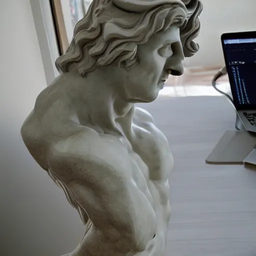 Image similar to epic greek marble statue of a thin tall man, shaved, with very long hair, coding on a laptop