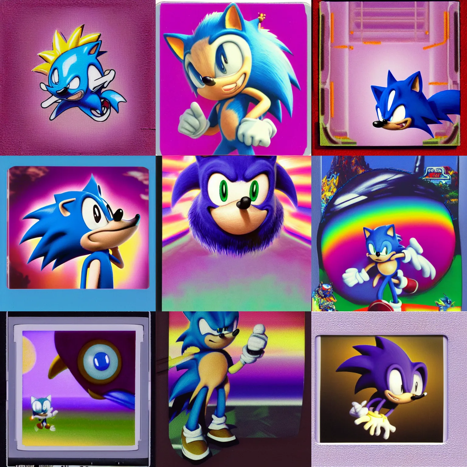 Prompt: polaroid instax portrait of sonic hedgehog and a matte painting landscape of a surreal, professional, soft pastels, high quality airbrush art album cover of a liquid dissolving airbrush art lsd dmt sonic the hedgehog swimming through cyberspace, purple checkerboard background, 1 9 9 0 s 1 9 9 2 sega rareware videogame album cover