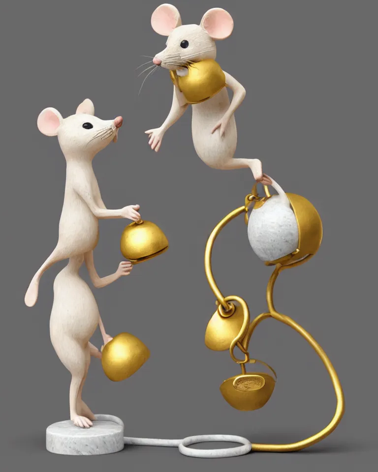 Image similar to a modern art statue of cute mouse standing on two legs and holding a round bell made with white marble and gold, trending on artstation