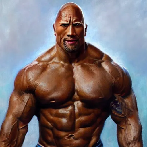 Image similar to ultra realistic portrait painting of dwayne johnson, art by frank frazetta, 4 k, ultra realistic, highly detailed, epic lighting