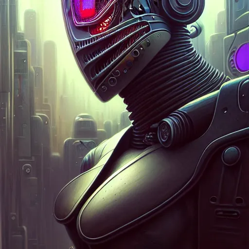 Image similar to low angle portrait shot of a cyberpunk gazmask robot character, intricate, elegant, highly detailed, centered, digital painting, artstation, concept art, smooth, sharp focus, illustration, artgerm, Tomasz Alen Kopera, Peter Mohrbacher, donato giancola, Joseph Christian Leyendecker, WLOP, Boris Vallejo