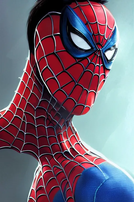 Image similar to Glenn Quagmire as Spider Man, Spider Man costume unmasked, Glenn Quagmire hairstyle, Glenn Quagmire body type, Glenn Quagmire Face, calm, grumpy, portrait, masculine figure, highly detailed, digital painting, artstation, concept art, smooth, sharp focus, illustration, cinematic lighting, art by artgerm and greg rutkowski and alphonse mucha