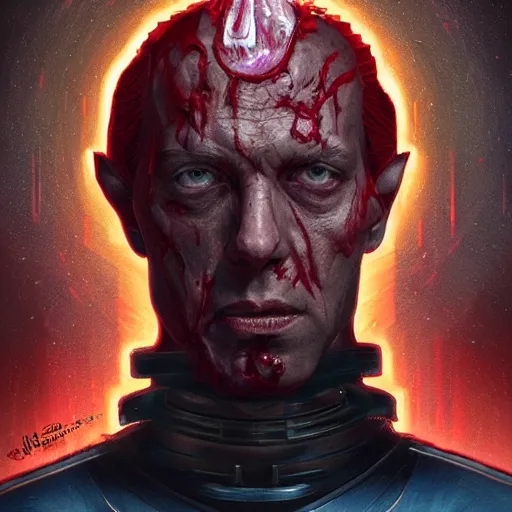 Prompt: portrait of Anthony Starr as a Star Trek villain, bloody, sinister, intricate, headshot, highly detailed, digital painting, artstation, concept art, sharp focus, illustration, art by artgerm and greg rutkowski and alphonse mucha